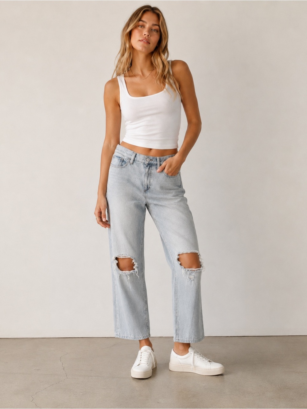 Favorite Daughter Light Wash Knee-Rip Straight Leg Jeans